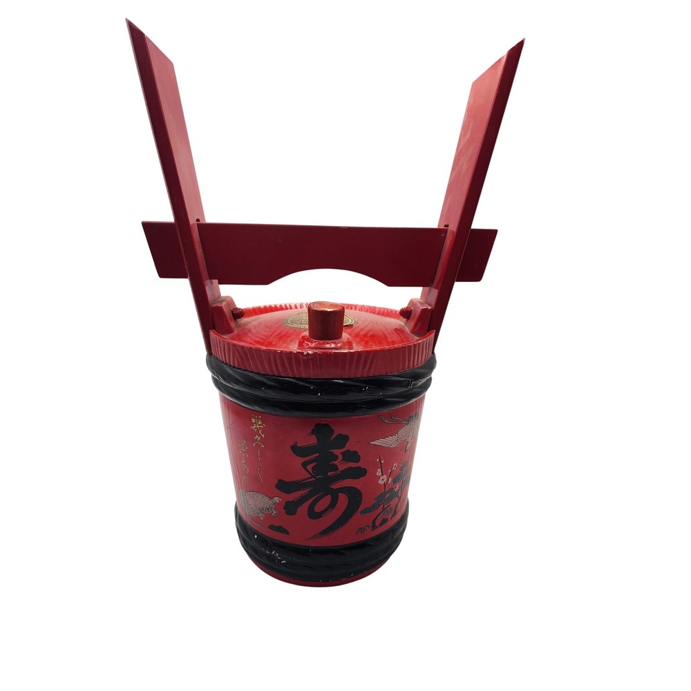 Vintage Japanese Sake Barrel Decanter Red Black Lacquer Crane Turtle Longevity